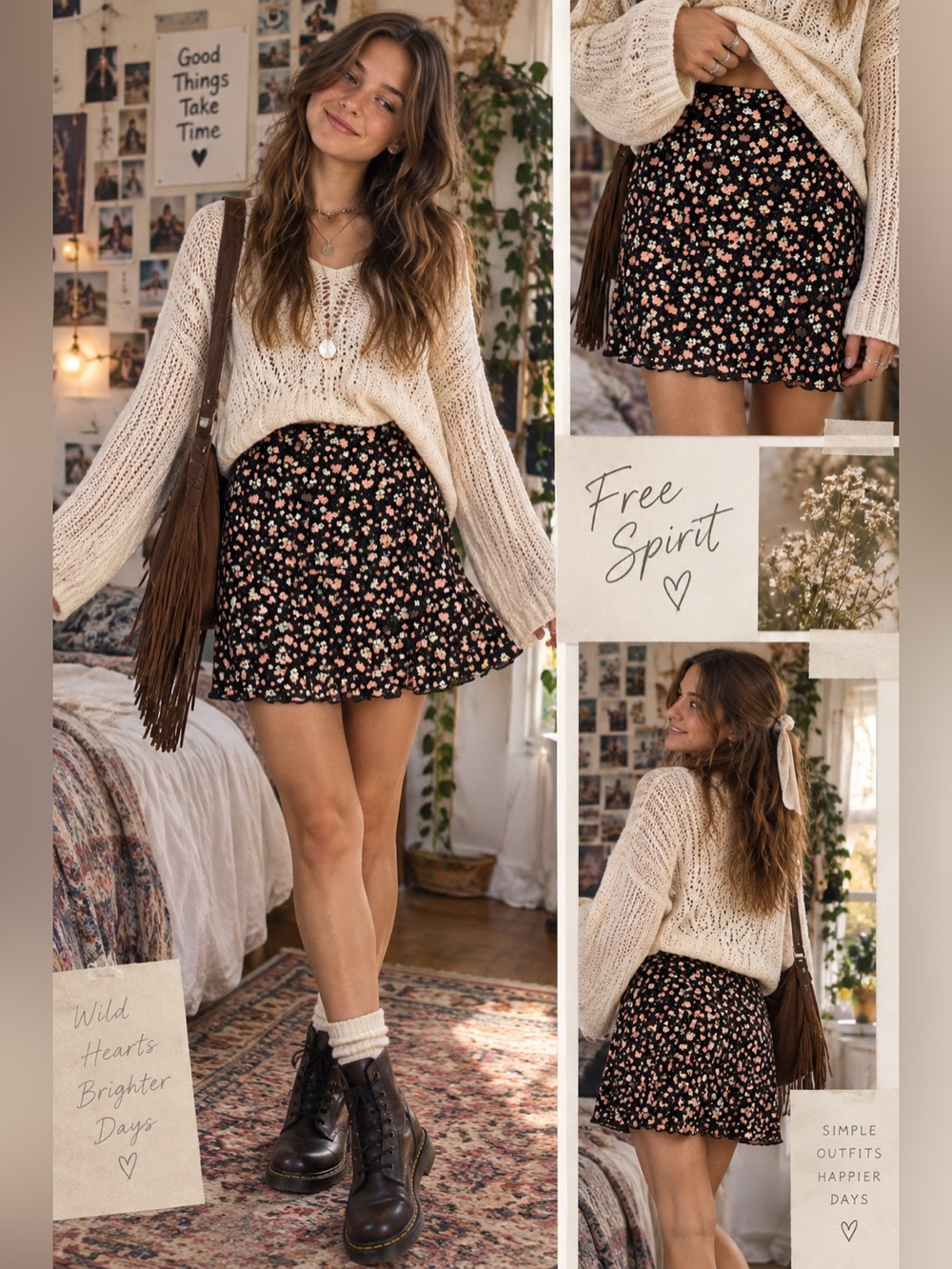 Free People Black Mini Skirt with Pink and White Floral Print